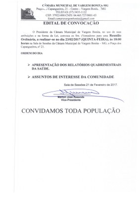 Edital de Convocação para Reunião Ordinária do dia 23 de Fevereiro de 2017.