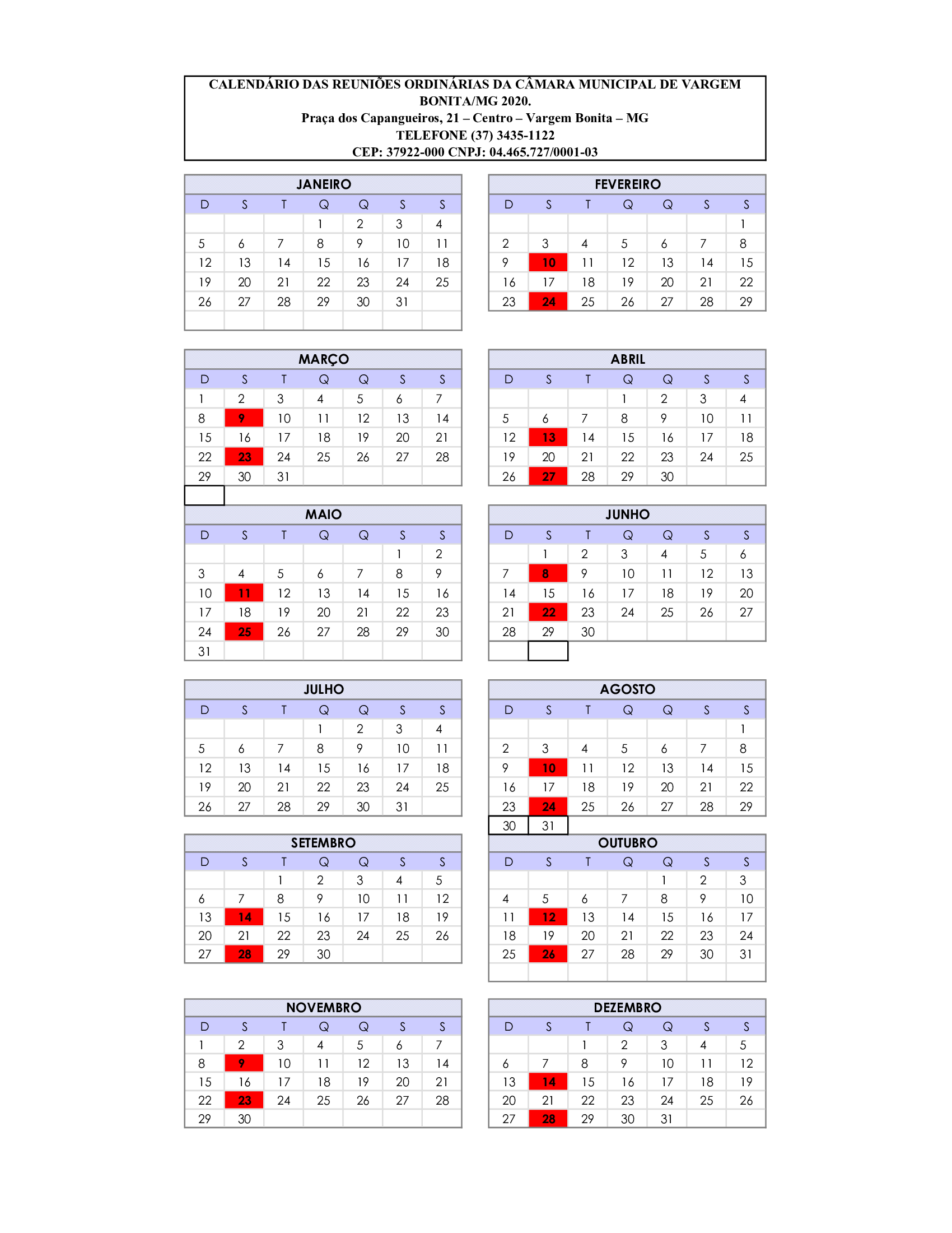 Calendário de Reuniões 2020