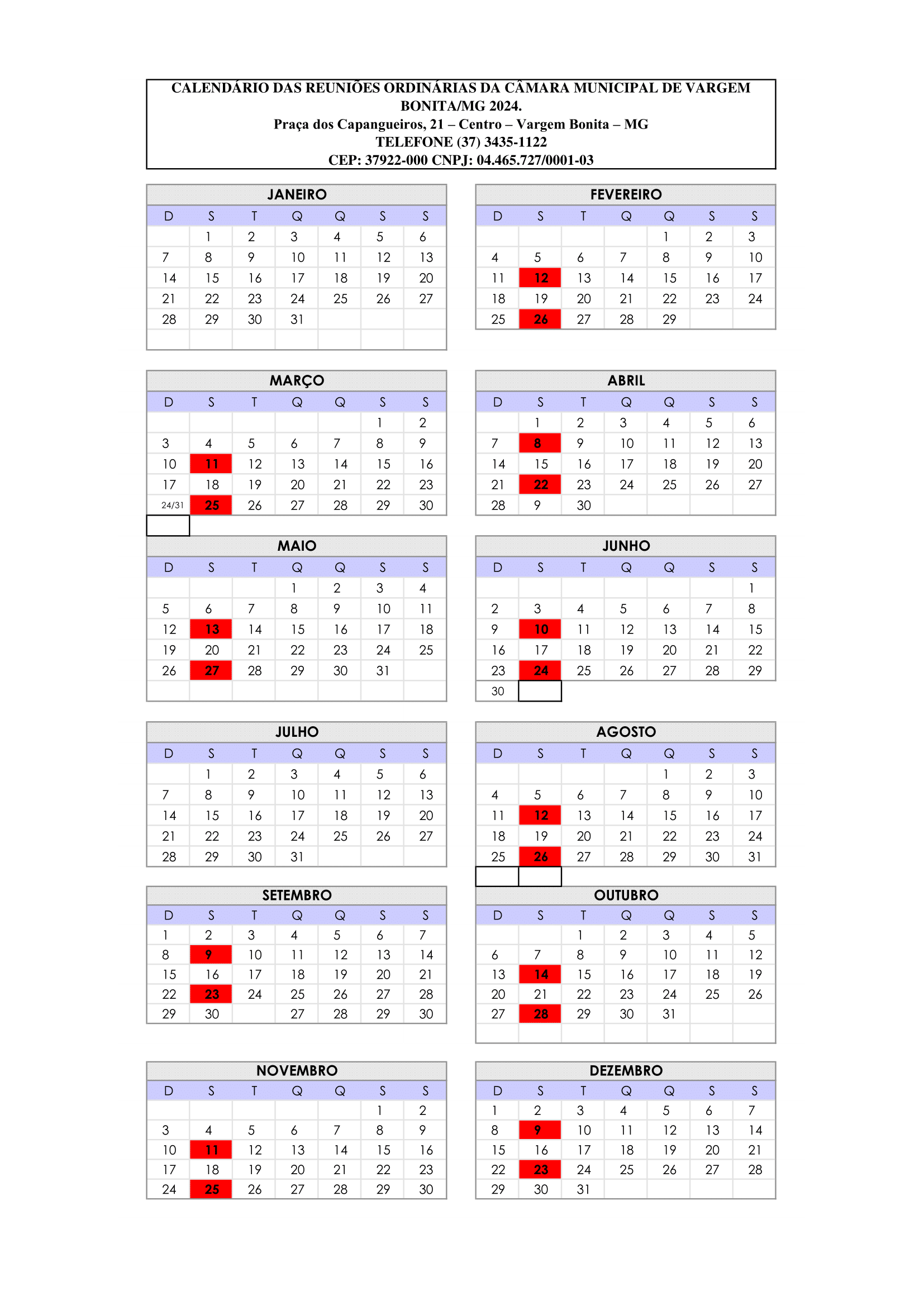 Calendário de Reuniões Legislativas 2024