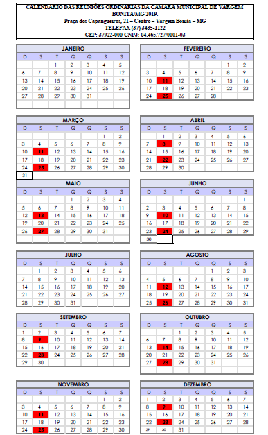 Calendário de Reuniões Ordinárias 2019
